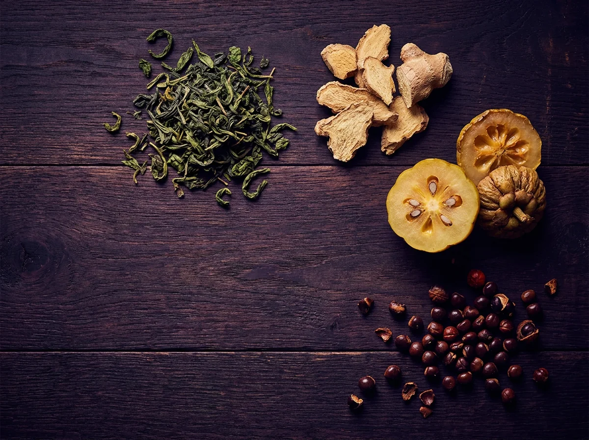 Garcinia, green tea leaves, guaraná seeds and ginger root flat lay - botanical ingredients in Slim Coffee Booster